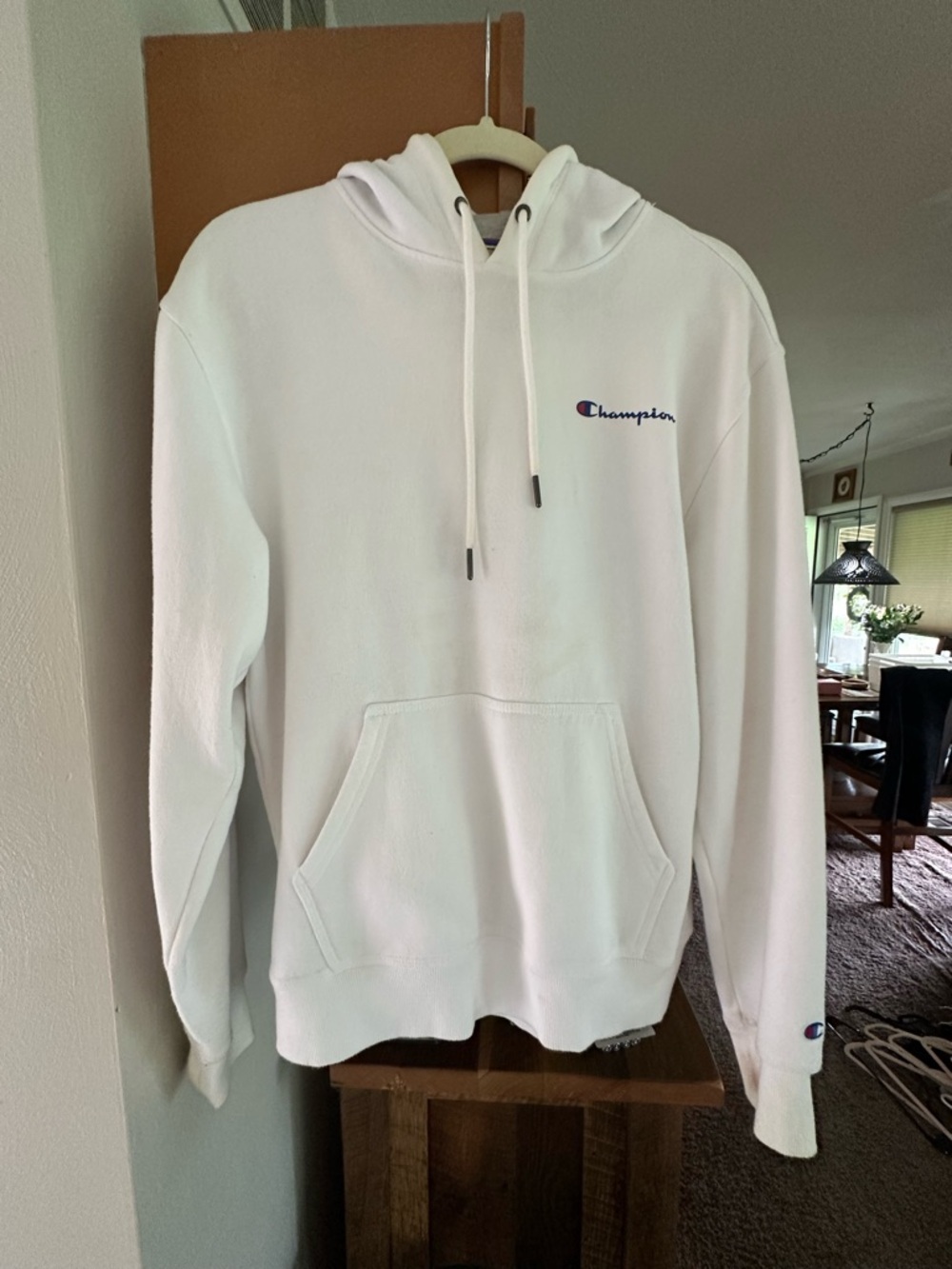 Champion Men's White Crewneck Hoodie with Small Script Logo
